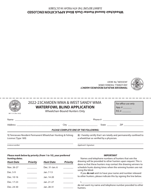 Form WR-1131 Waterfowl Blind Application - Camden Wma & West Sandy Wma - Tennessee, 2023