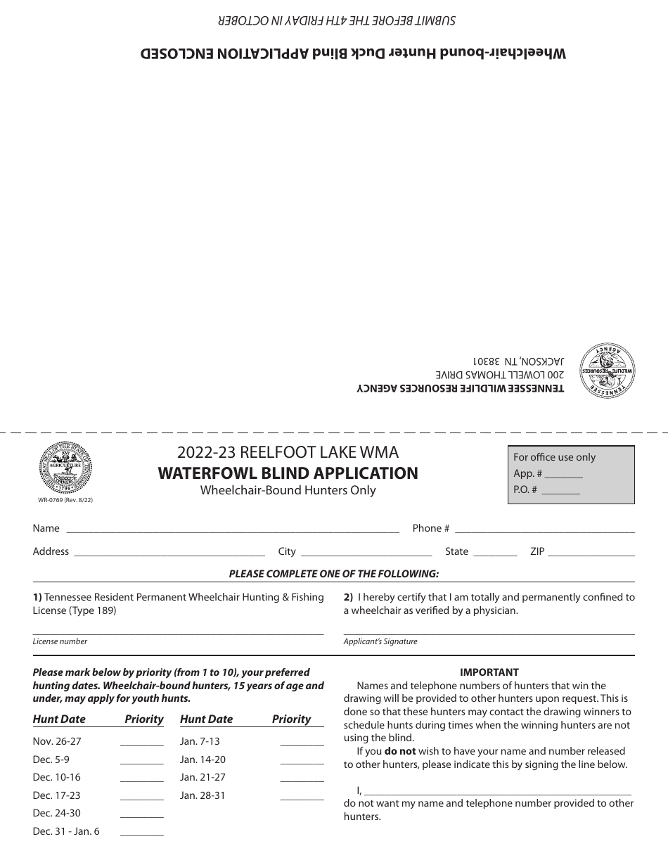 Form WR-0769 Waterfowl Blind Application - Reelfoot Lake Wma - Tennessee, Page 1