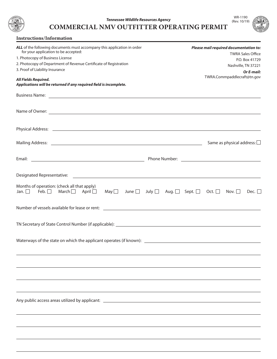 Form WR-1190 Commercial Nmv Outfitter Operating Permit - Tennessee, Page 1