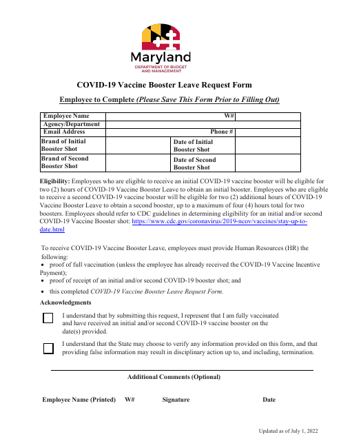 Covid-19 Vaccine Booster Leave Request Form - Maryland Download Pdf