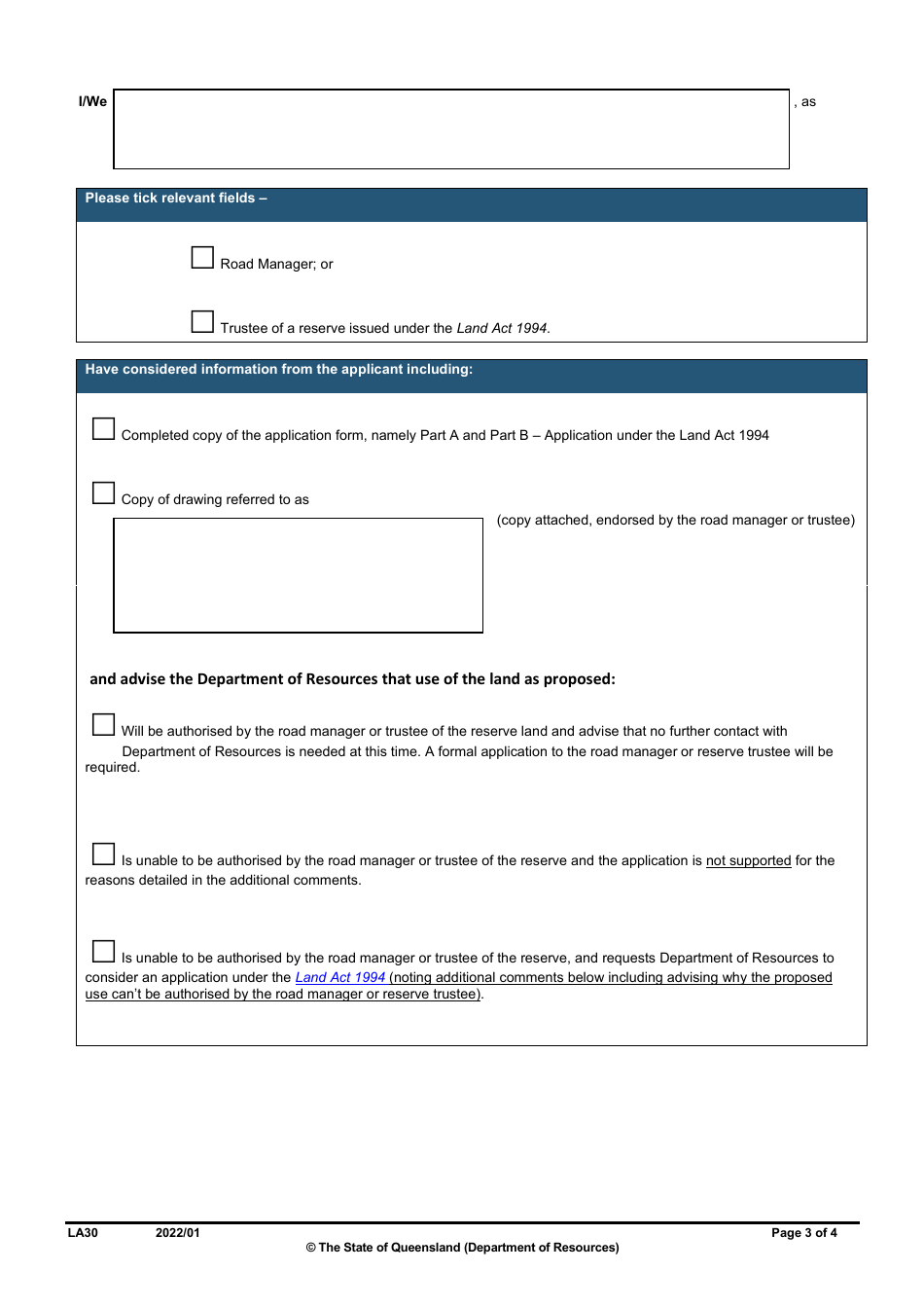 Form LA30 Part C Statement in Relation to an Application Under the Land Act 1994 Over State Land - Queensland, Australia, Page 3