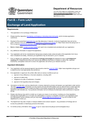 Form LA21 Part B &quot;Exchange of Land Application&quot; - Queensland, Australia