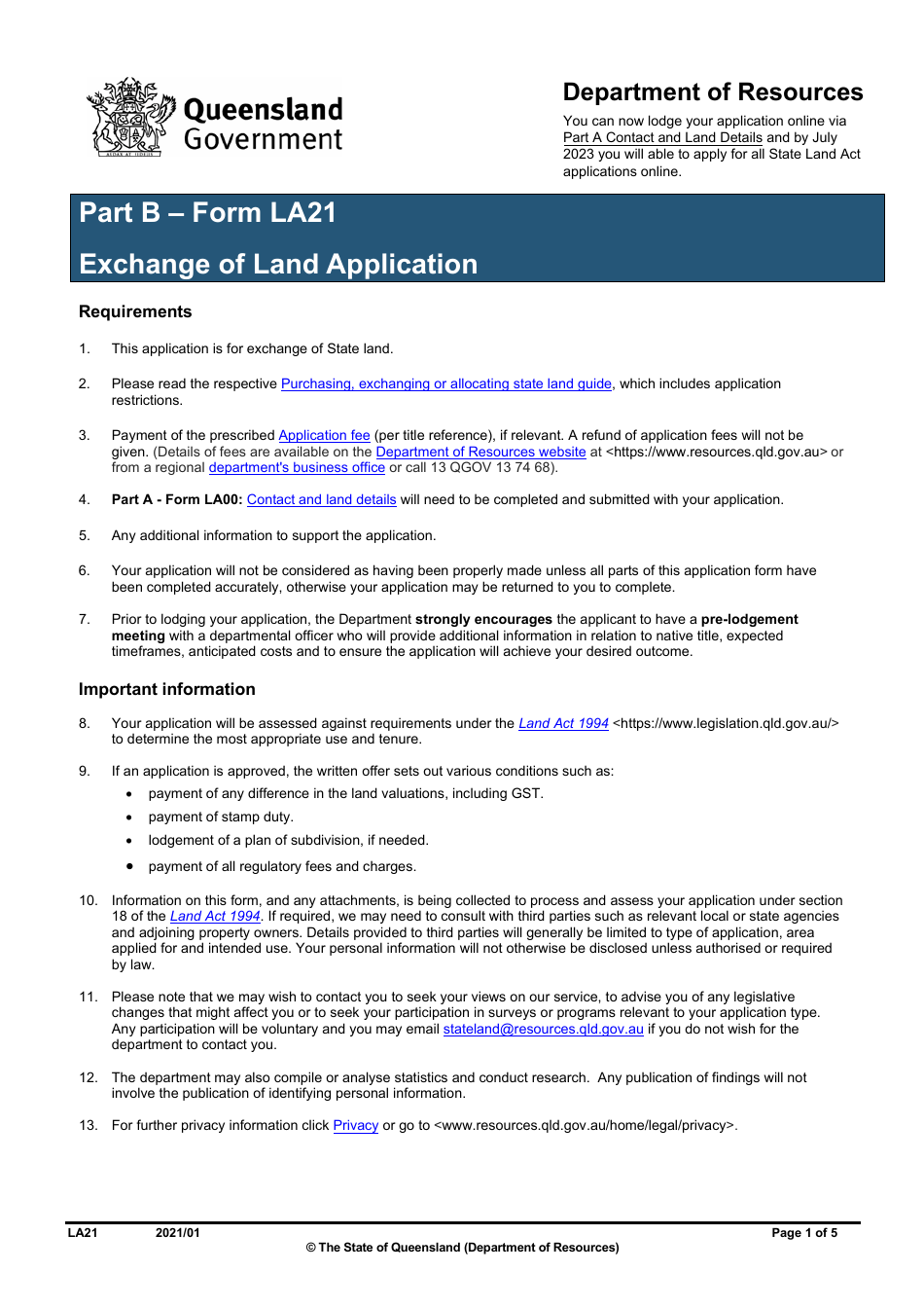 Form LA21 Part B Exchange of Land Application - Queensland, Australia, Page 1
