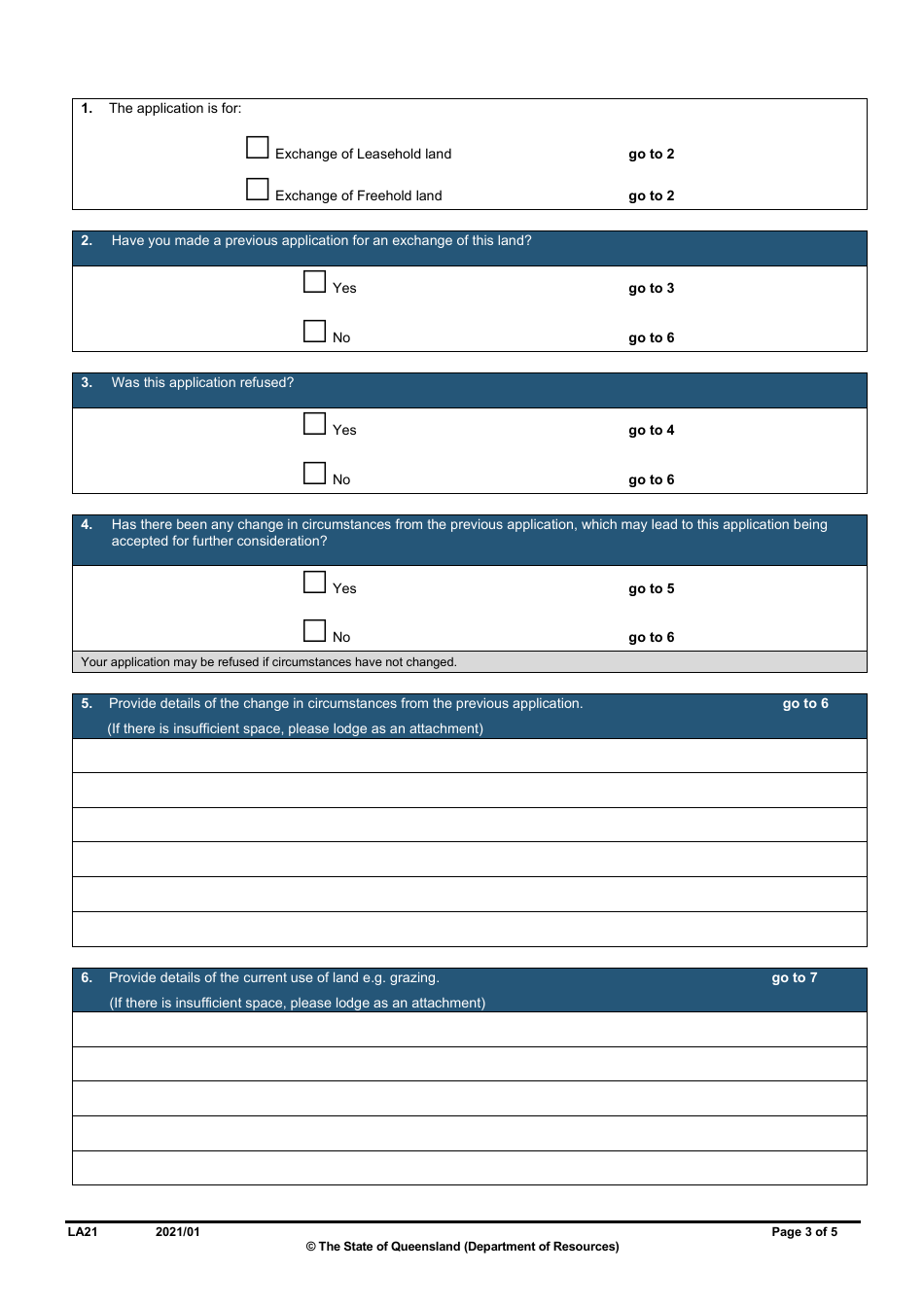 Form LA21 Part B Exchange of Land Application - Queensland, Australia, Page 3