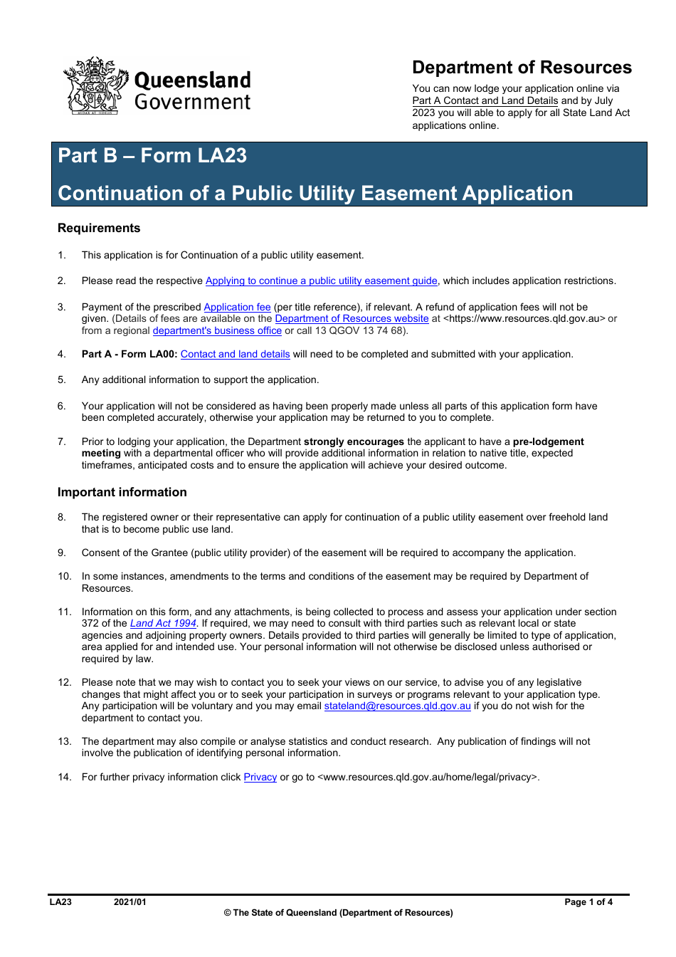 Form LA23 Part B Continuation of a Public Utility Easement Application - Queensland, Australia, Page 1