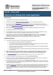 Document preview: Form LA31 Part B Extension of a Rolling Term Lease Application - Queensland, Australia