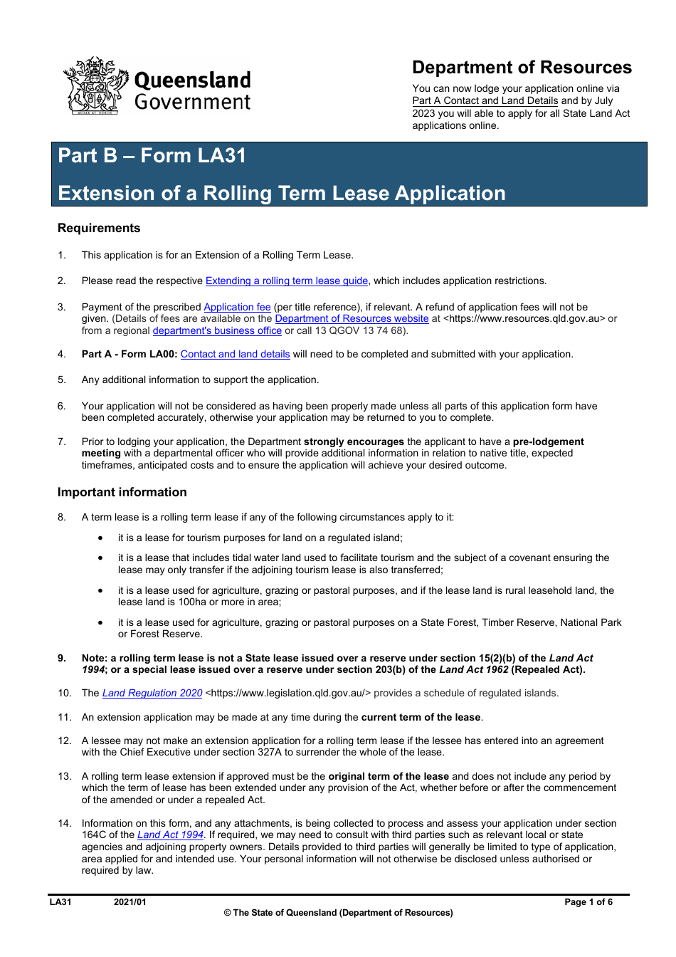 Form LA31 Part B Extension of a Rolling Term Lease Application - Queensland, Australia, Page 1