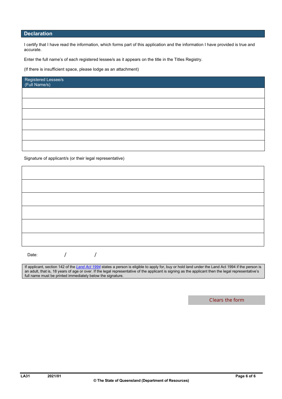Form LA31 Part B Extension of a Rolling Term Lease Application - Queensland, Australia, Page 6