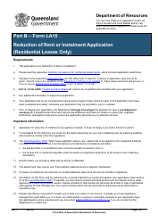 Document preview: Form LA15 Part B Reduction of Rent or Instalment Application (Residential Leases Only) - Queensland, Australia