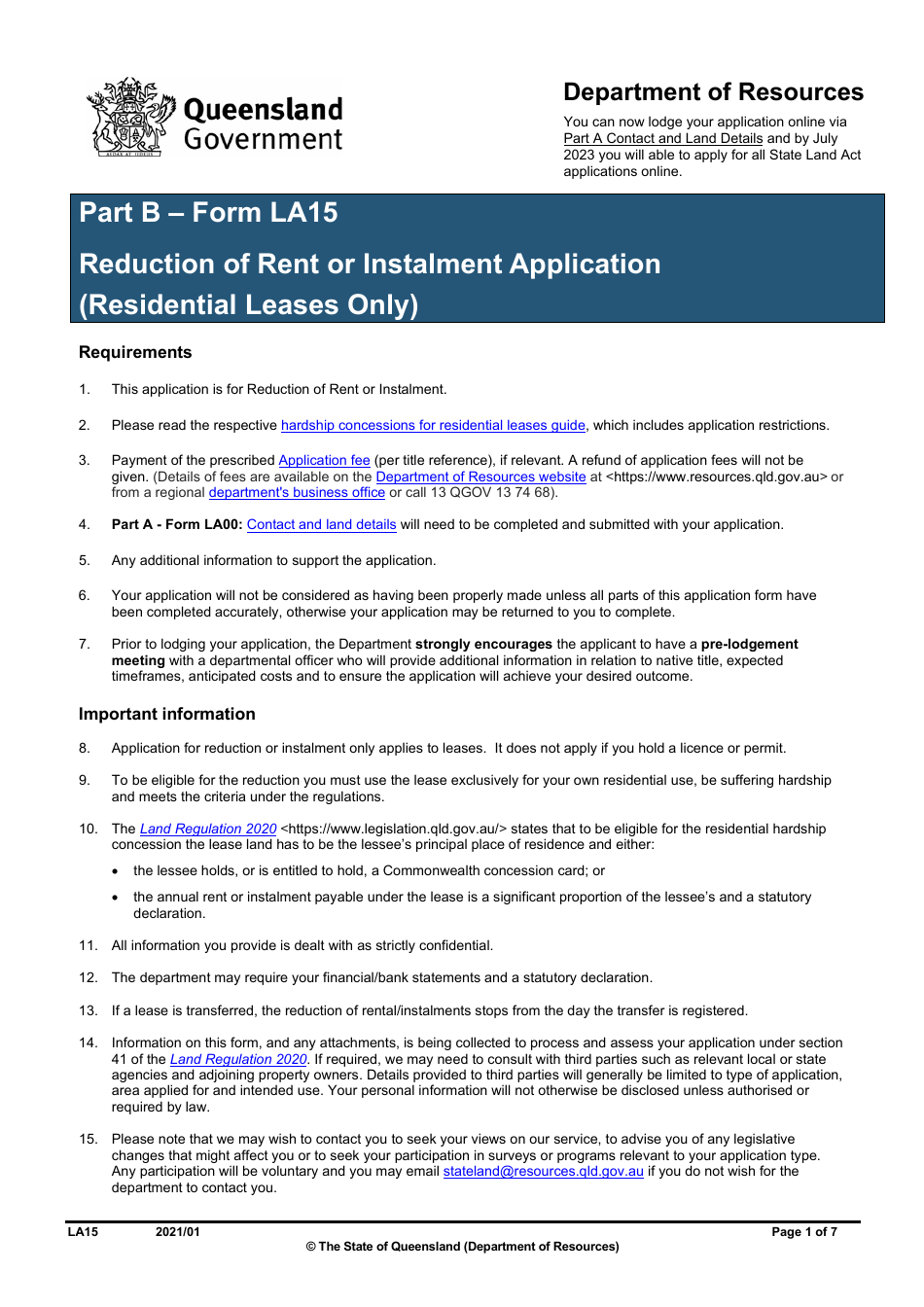 Form LA15 Part B Reduction of Rent or Instalment Application (Residential Leases Only) - Queensland, Australia, Page 1
