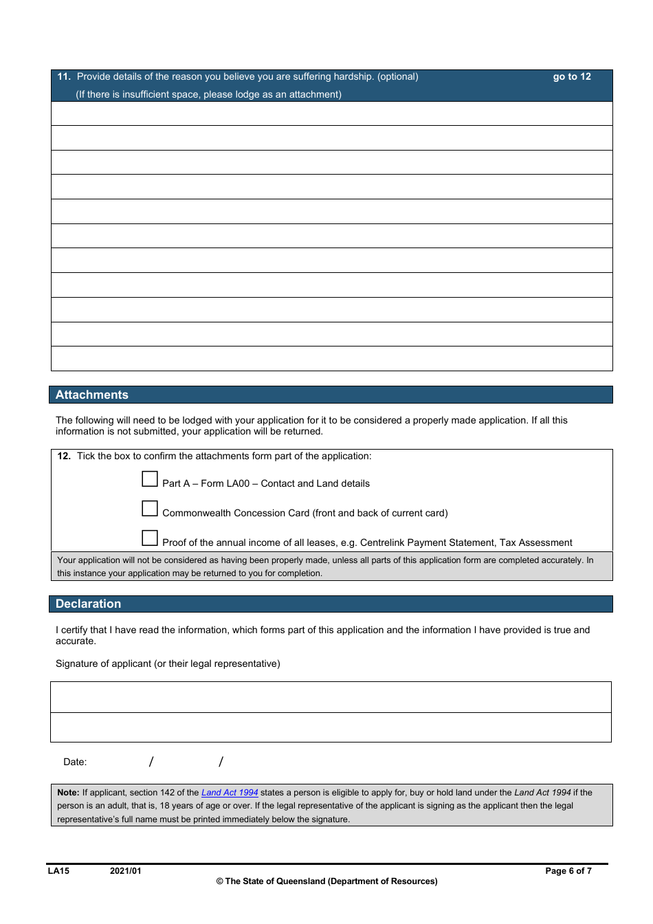 Form LA15 Part B Reduction of Rent or Instalment Application (Residential Leases Only) - Queensland, Australia, Page 6