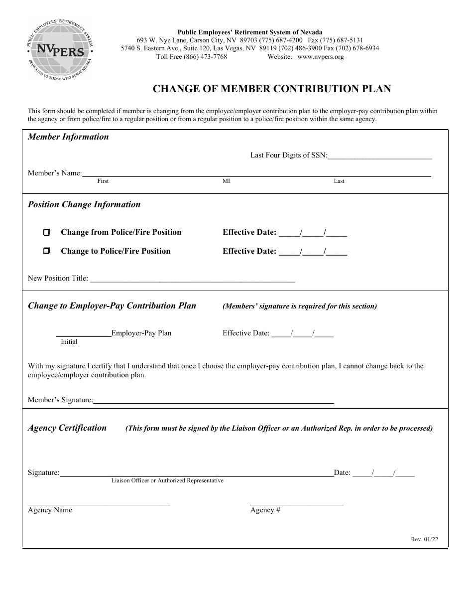 Change of Member Contribution Plan - Nevada, Page 1