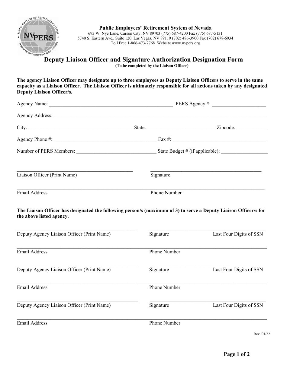 Deputy Liaison Officer and Signature Authorization Designation Form - Nevada, Page 1
