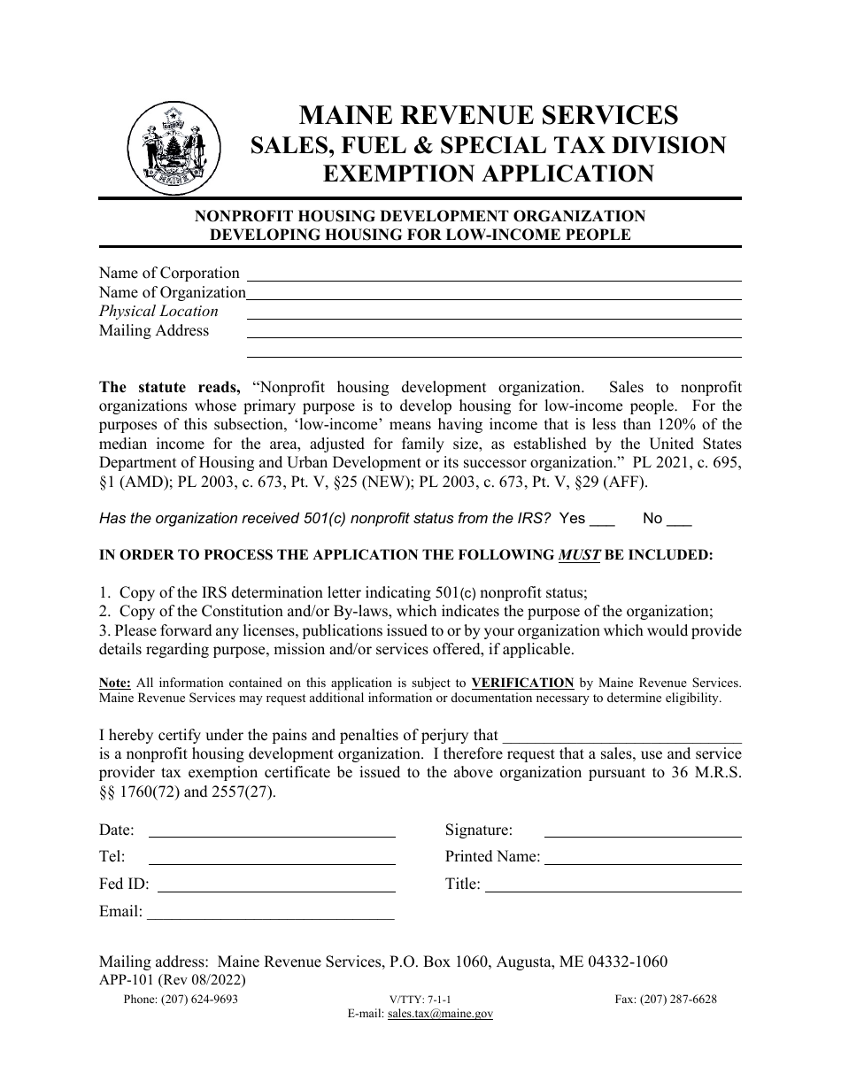 Form APP-101 Exemption Application - Nonprofit Housing Development Organization Developing Housing for Low-Income People - Maine, Page 1