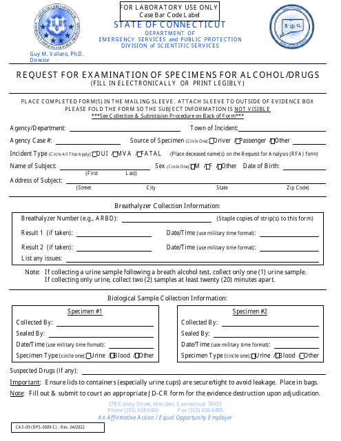 Form CAS-09 (DPS-0009-C) Request for Examination of Specimens for Alcohol/Drugs - Connecticut