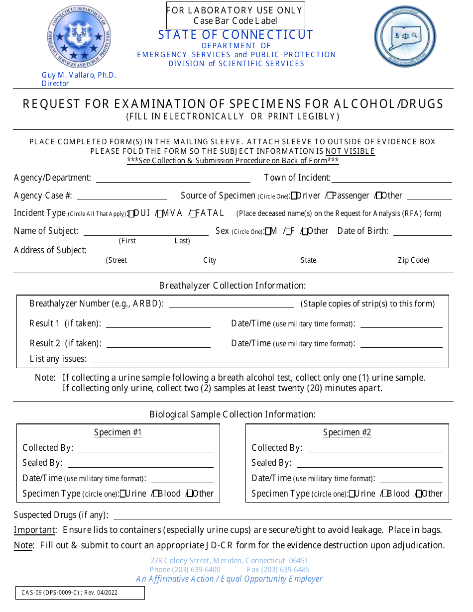 Form CAS-09 (DPS-0009-C) Request for Examination of Specimens for Alcohol / Drugs - Connecticut, Page 1