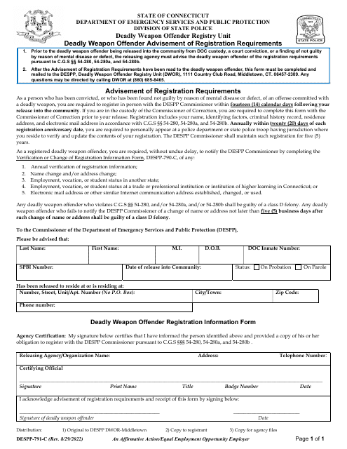 Form DESPP-791-C Deadly Weapon Offender Advisement of Registration Requirements - Connecticut