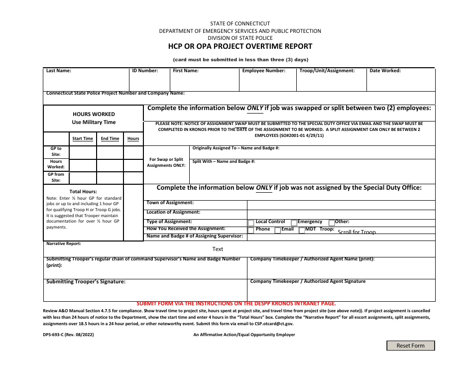 Form DPS-693-C Hcp or Opa Project Overtime Report - Connecticut, Page 1
