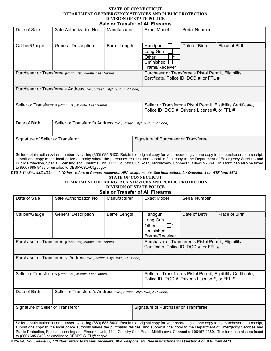 Form DPS-3-C Sale or Transfer of All Firearms - Connecticut, Page 1
