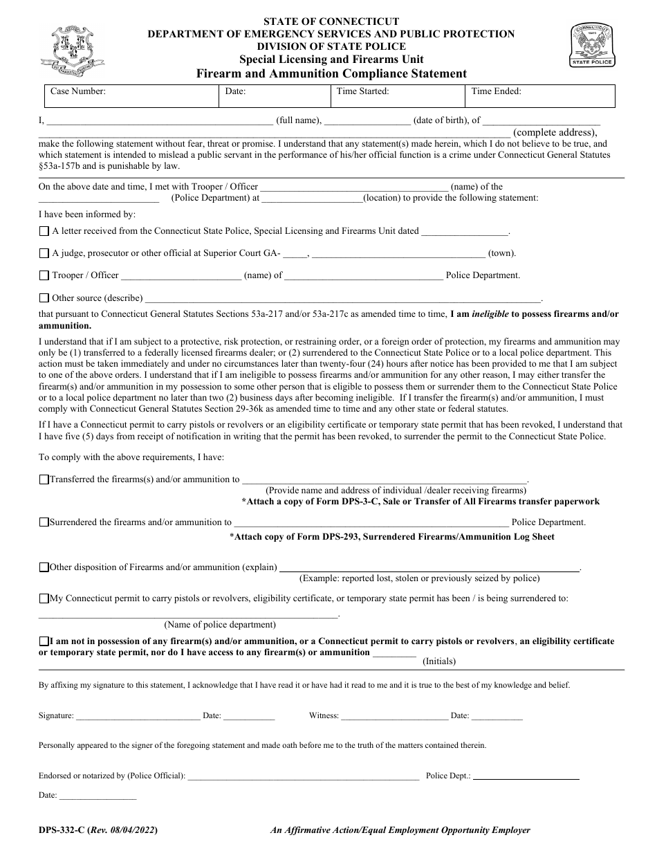 Form DPS-332-C Firearm and Ammunition Compliance Statement - Connecticut, Page 1