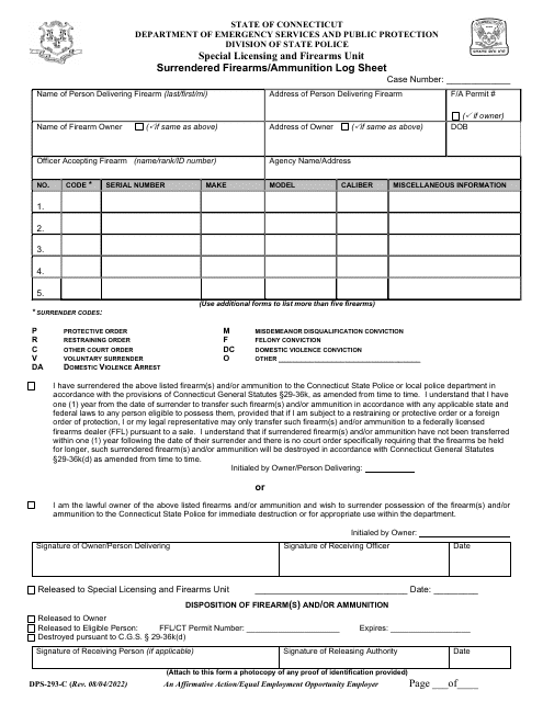 Form DPS-293-C Surrendered Firearms/Ammunition Log Sheet - Connecticut