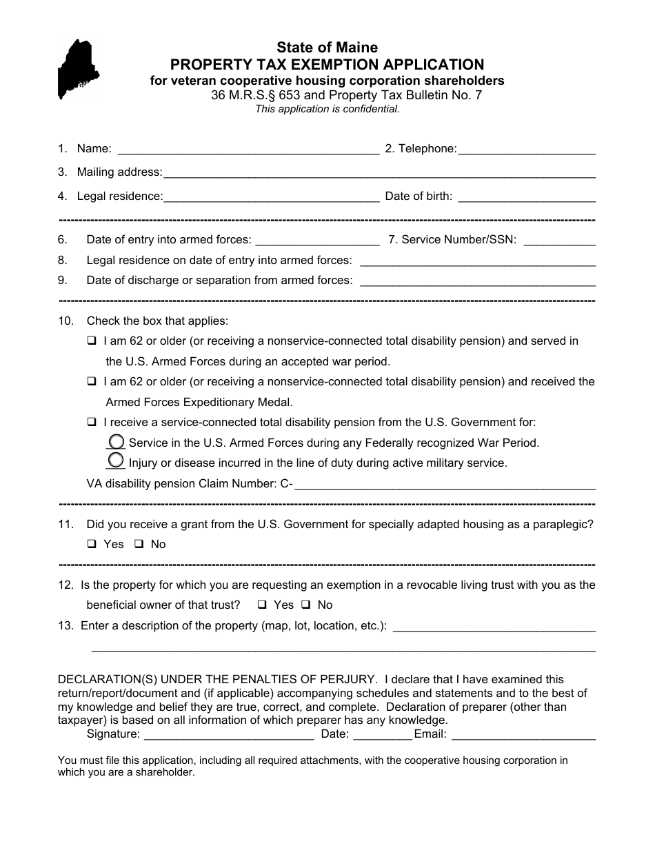 Form PTF-653-E Property Tax Exemption Application for Veteran Cooperative Housing Corporation Shareholders - Maine, Page 1