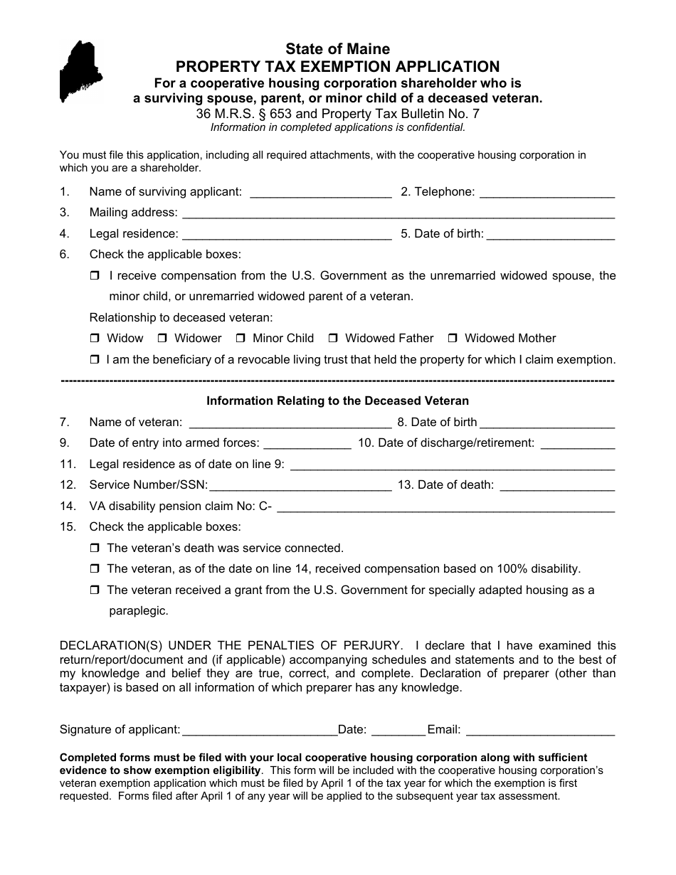 Form PTF-653-2B Property Tax Exemption Application for a Cooperative Housing Corporation Shareholder Who Is a Surviving Spouse, Parent, or Minor Child of a Deceased Veteran - Maine, Page 1