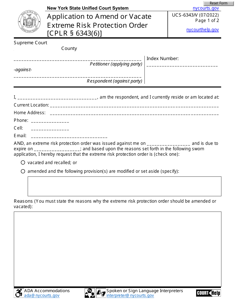 Form UCS-6343 / V Application to Amend or Vacate Extreme Risk Protection Order - New York, Page 1