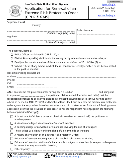Form UCS-6345/A Application for Renewal of an Extreme Risk Protection Order - New York