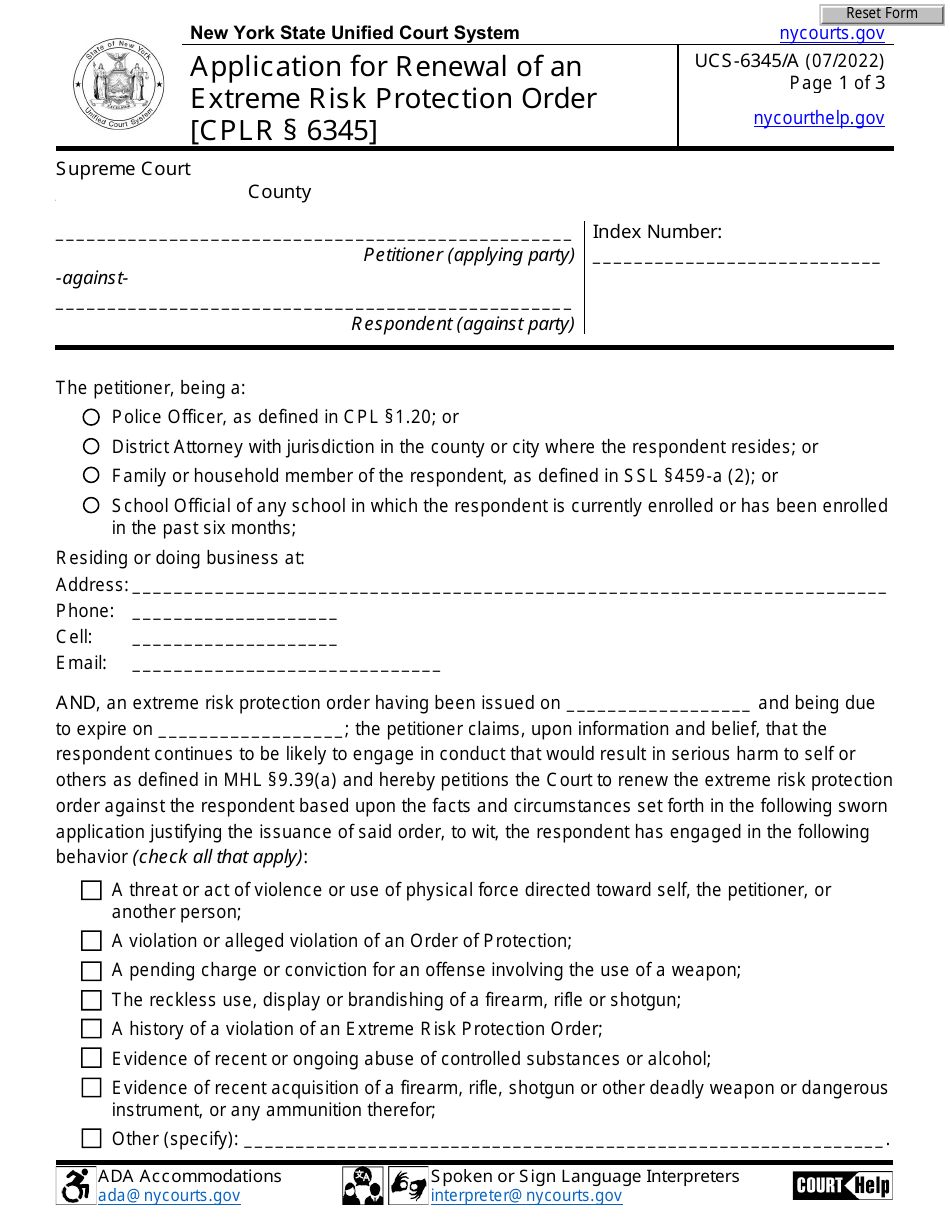 Form UCS-6345 / A Application for Renewal of an Extreme Risk Protection Order - New York, Page 1