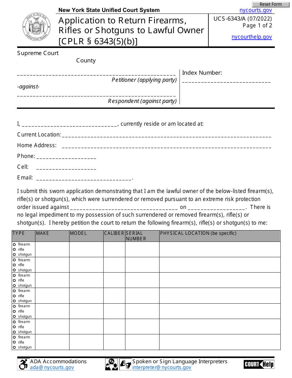 Form UCS-6343 / A Application to Return Firearms, Rifles or Shotguns to Lawful Owner - New York, Page 1