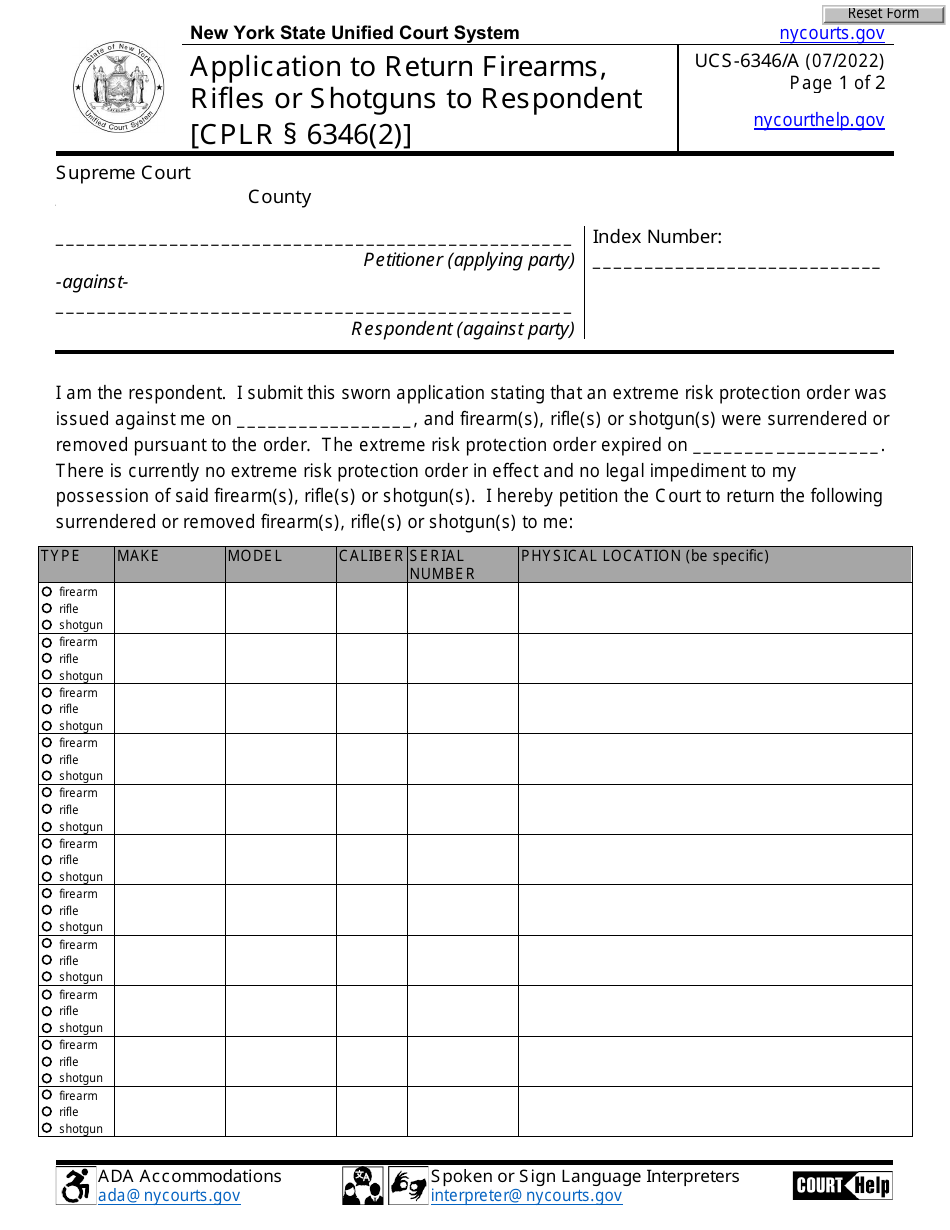 Form UCS-6346 / A Application to Return Firearms, Rifles or Shotguns to Respondent - New York, Page 1