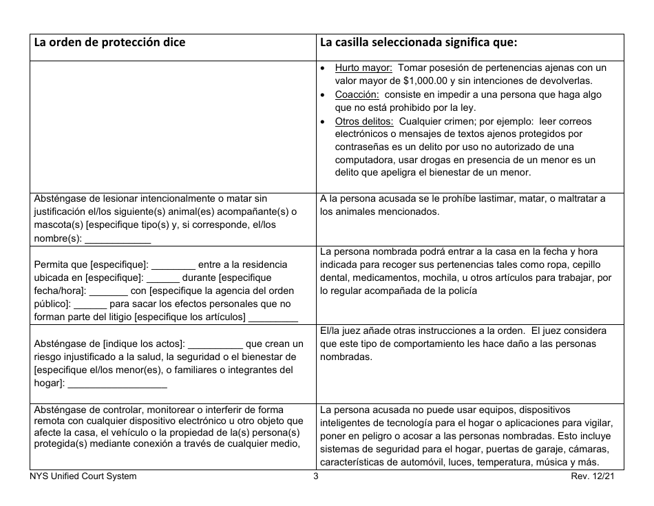 Temporary Orders of Protection Instructions Form Letter - New York (Spanish), Page 3