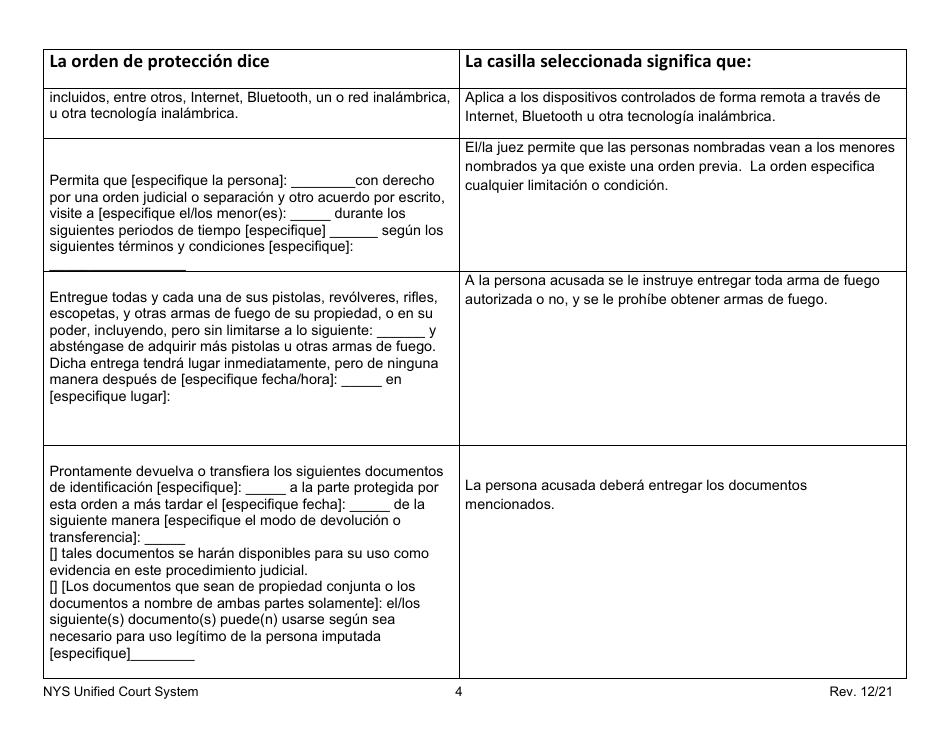 Temporary Orders of Protection Instructions Form Letter - New York (Spanish), Page 4