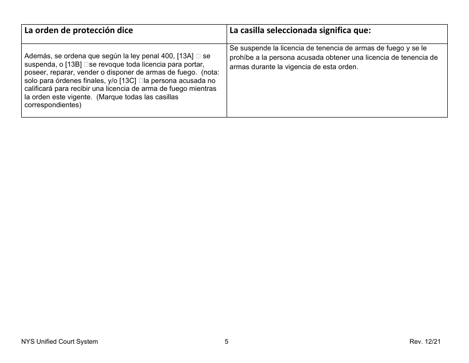 Temporary Orders of Protection Instructions Form Letter - New York (Spanish), Page 5