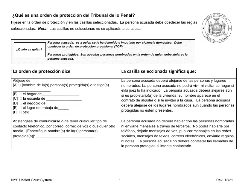 Temporary Orders of Protection Instructions Form Letter - New York (Spanish) Download Pdf