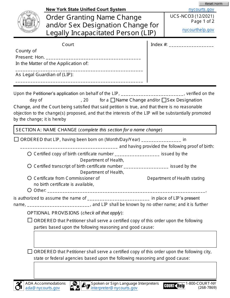 Form UCS-NCO3 Order Granting Name Change and / or Sex Designation Change for Legally Incapacitated Person (Lip) - New York, Page 1