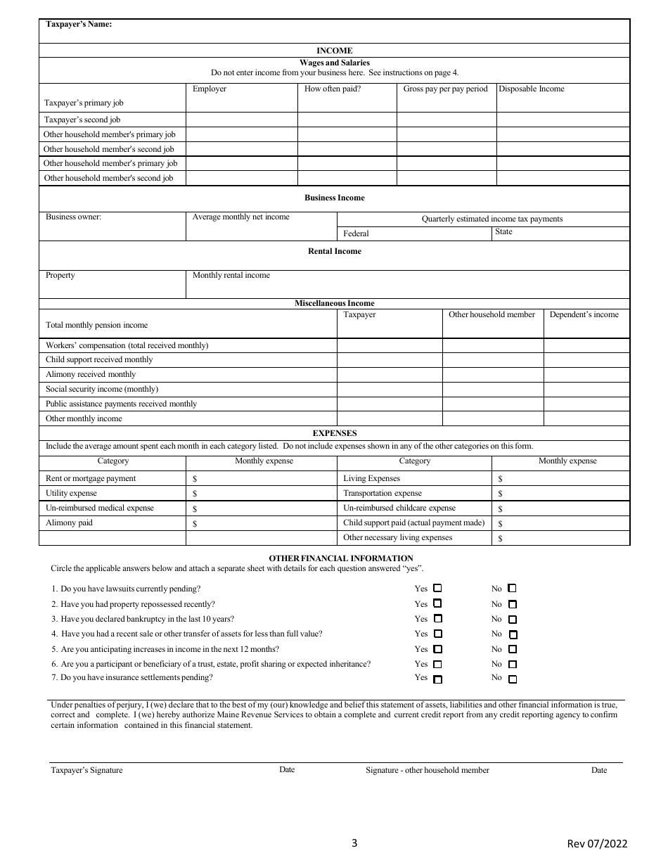 Personal Financial Statement - Maine, Page 3
