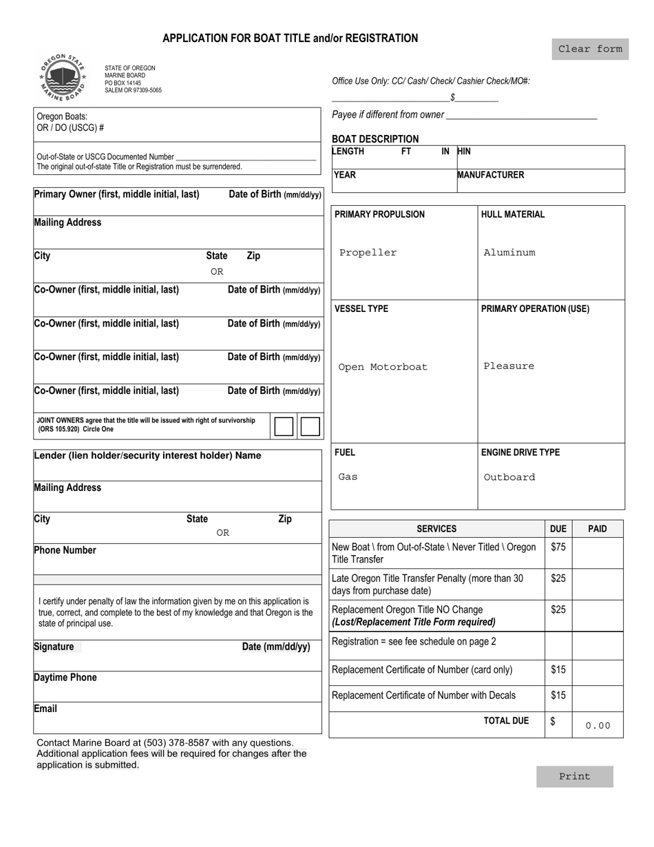 Application for Boat Title and / or Registration - Oregon, Page 1