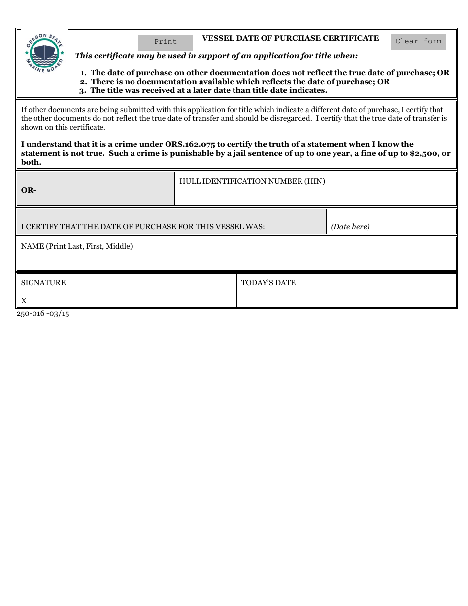 Vessel Date of Purchase Certificate - Oregon, Page 1