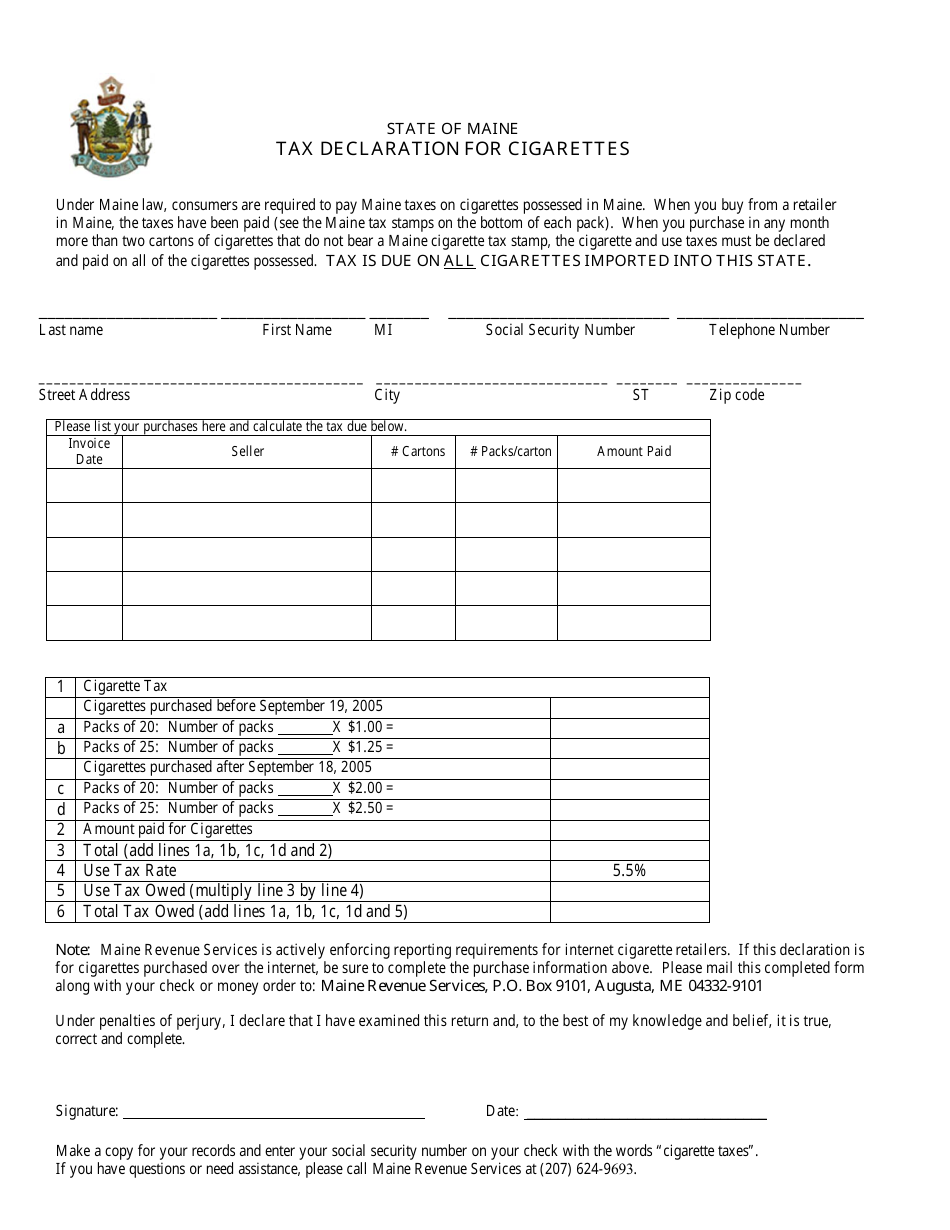 Maine Tax Declaration for Cigarettes - Fill Out, Sign Online and ...