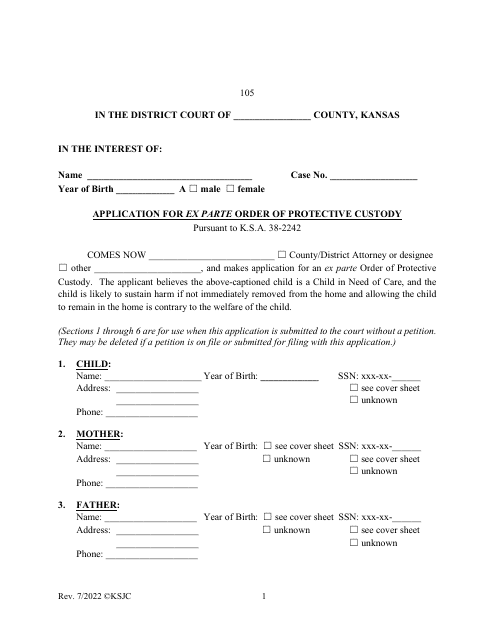 Form 105 Application for Ex Parte Order of Protective Custody - Kansas