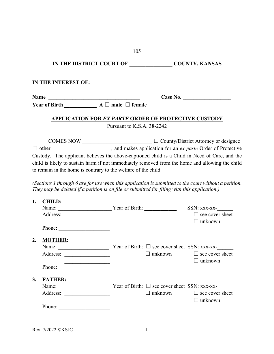 Form 105 Application for Ex Parte Order of Protective Custody - Kansas, Page 1