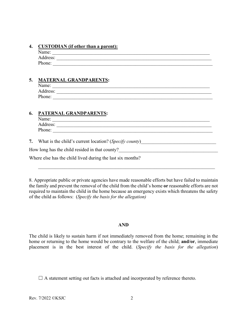 Form 105 Application for Ex Parte Order of Protective Custody - Kansas, Page 2