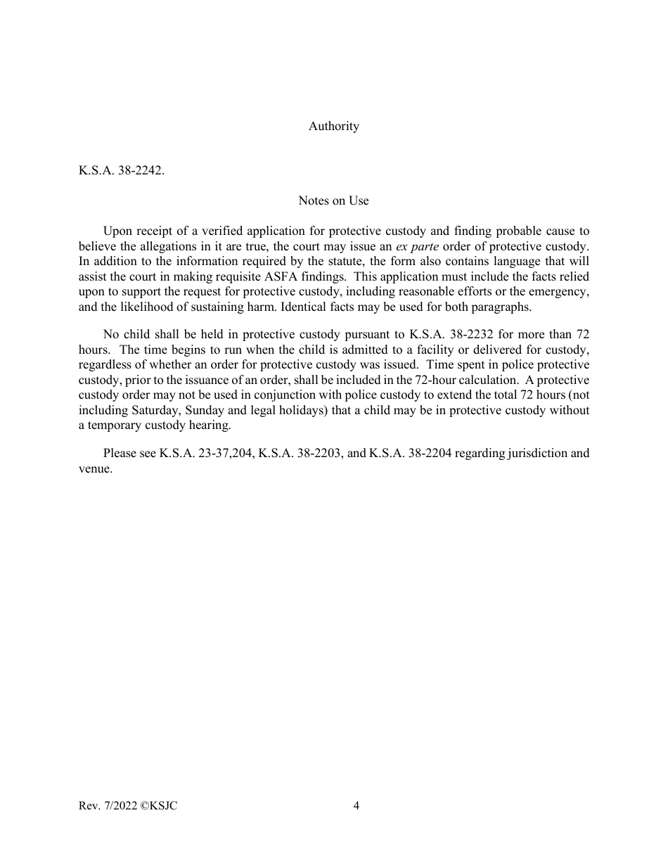 Form 105 Application for Ex Parte Order of Protective Custody - Kansas, Page 4