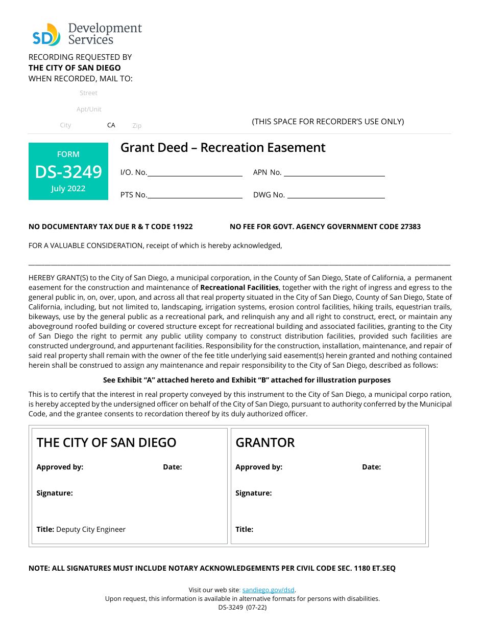 Form DS-3249 Grant Deed - Recreation Easement - City of San Diego, California, Page 1