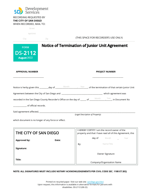 Form DS-2112 Notice of Termination of Junior Unit Agreement - City of San Diego, California