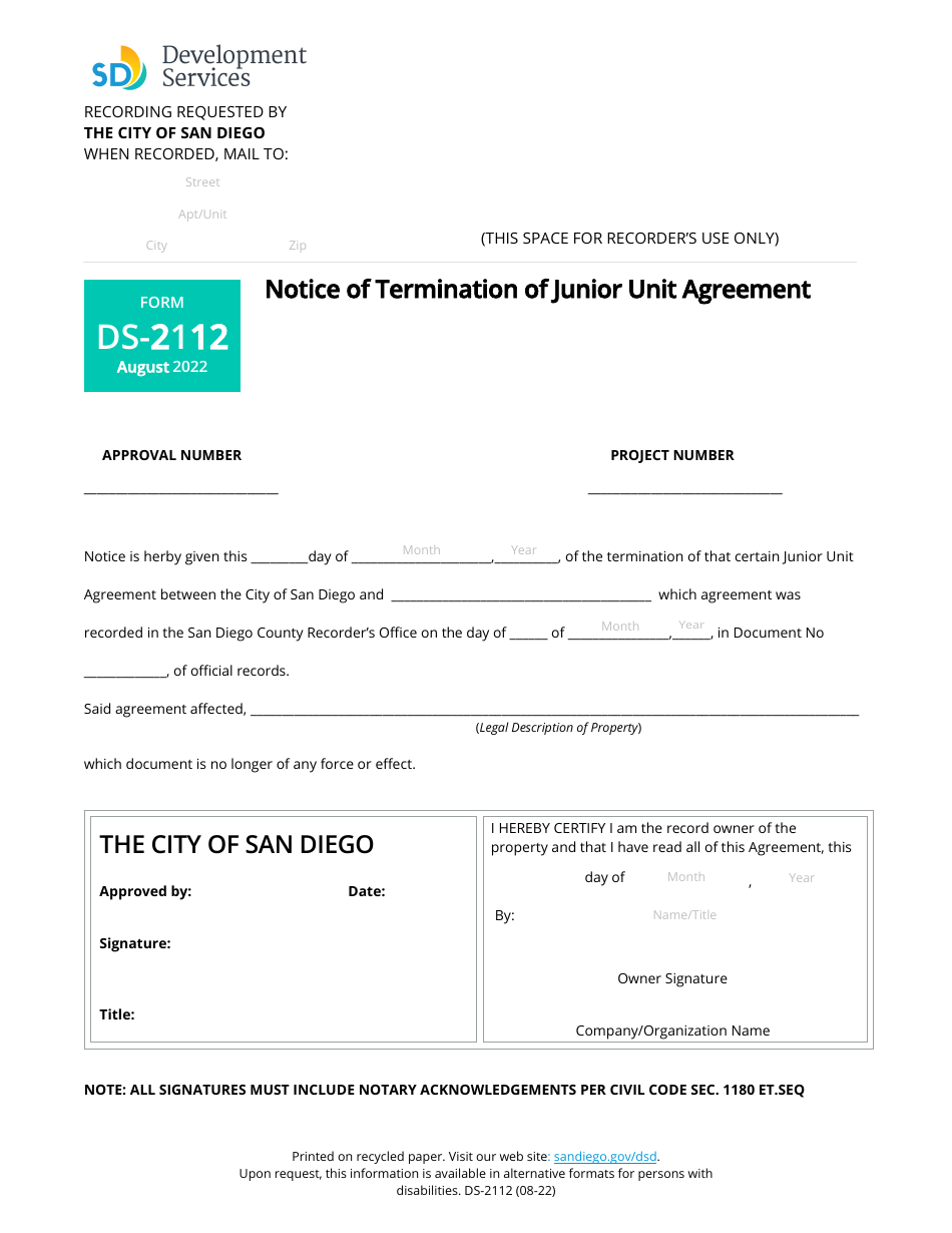Form DS-2112 Notice of Termination of Junior Unit Agreement - City of San Diego, California, Page 1