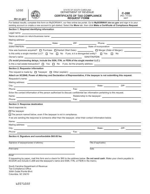 Form C-268 Certificate of Tax Compliance Request Form - South Carolina