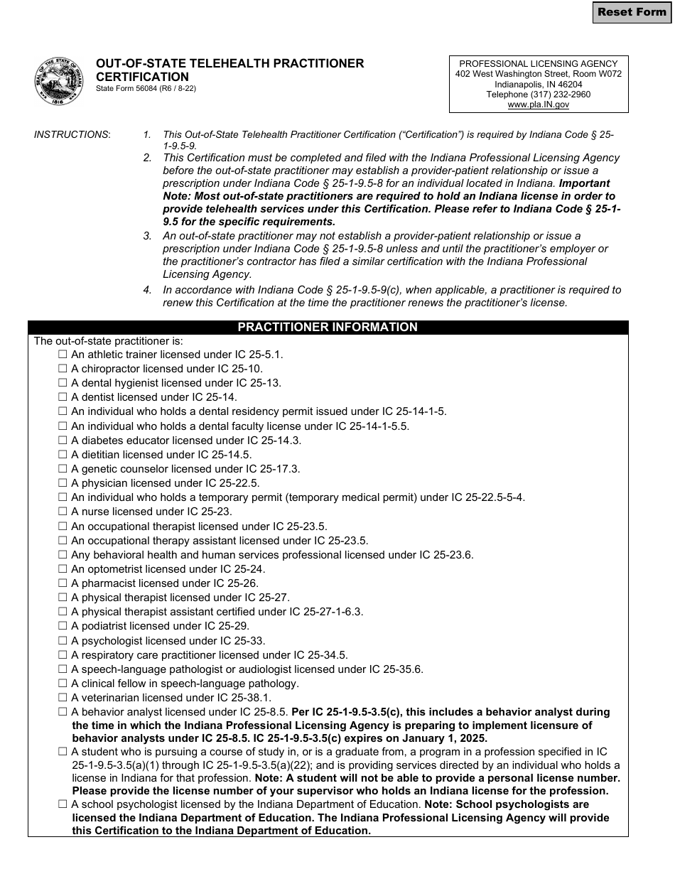 State Form 56084 Out-of-State Telehealth Practitioner Certification - Indiana, Page 1